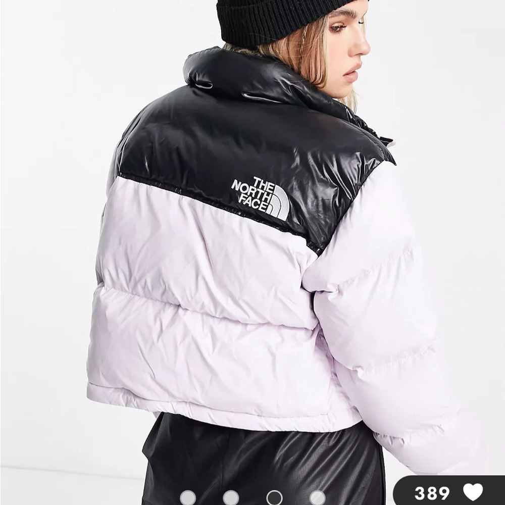 The North Face Nuptse cropped down jacket in lavender, tags on worn, size small.